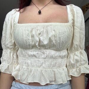 Urban Outfitters Cream Cropped Square Neck 3/4 Sleeve Peasant Top